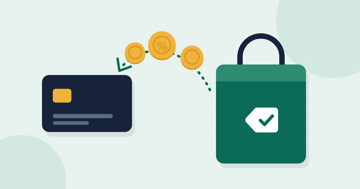 Illustration of coins travelling from a shopping bag back to a payment card, representing cashback rewards