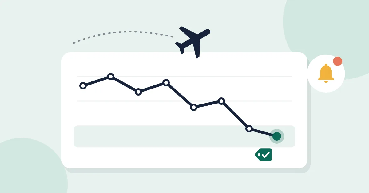 Illustration of an airplane above a falling fare chart with a price alert bell