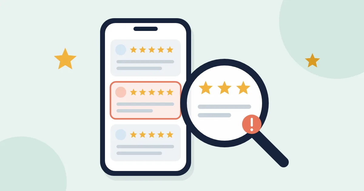 Illustration of a phone showing star-rated customer reviews, with a magnifying glass flagging one suspicious review
