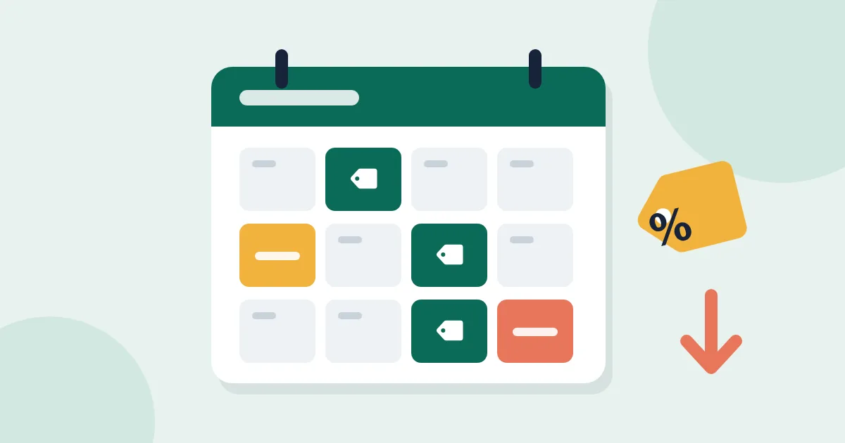 Illustration of a yearly calendar with highlighted months and a falling price tag, showing when seasonal discounts usually happen